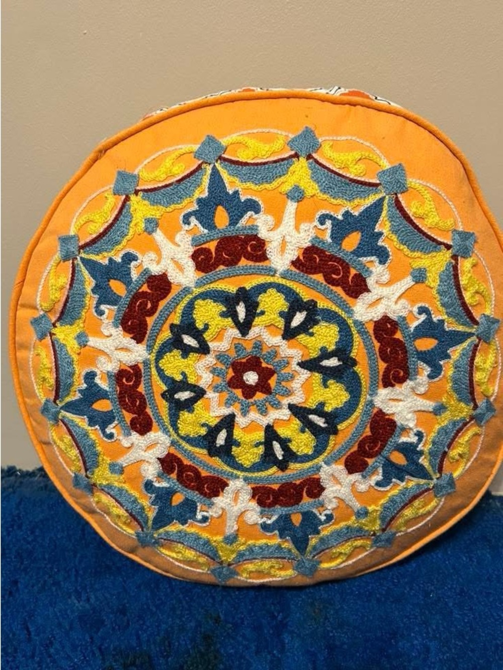 Moroccan Embroidered Round Accent Pillow in Orange with Multicolor Medallion